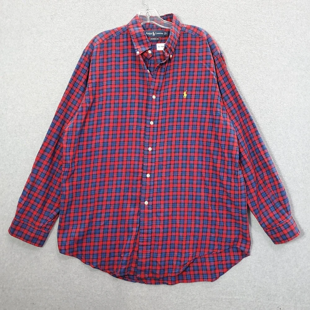 Ralph Lauren Men Button Up Shirt Large Red Classic Fit Plaid Blue LS READ